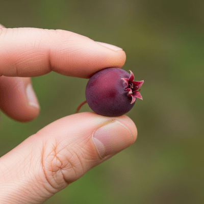 A factual photograph of a hand holding a ripe Serviceberry, illustrating its size and appearance for the taxonomy berries