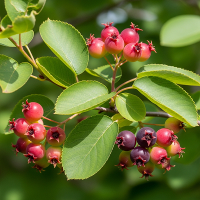 A naturalistic photograph of a Serviceberry growing on its plant in its typical environment, representing the taxonomy berries