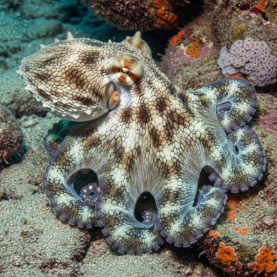 Illustration of a Seven-Arm Octopus displaying camouflage behavior within its environment, blending into rocks, sand, or coral