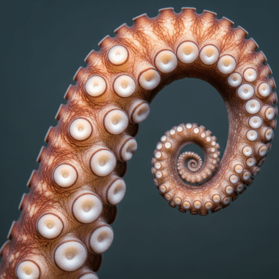 Naturalistic close-up photograph of a single arm of a Seven-Arm Octopus, focusing on the suckers, skin texture, and coloration details