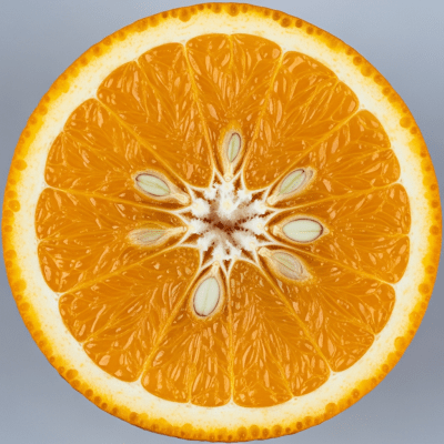 A detailed close-up cross-sectional image of a Seville Orange from the oranges taxonomy, sliced cleanly in half to reveal the interior segments, pulp, and rind structure