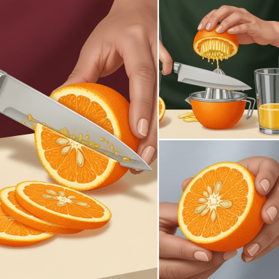 A realistic depiction of a Seville Orange from the oranges taxonomy being used in a culinary context, such as being sliced on a cutting board or prepared for juice