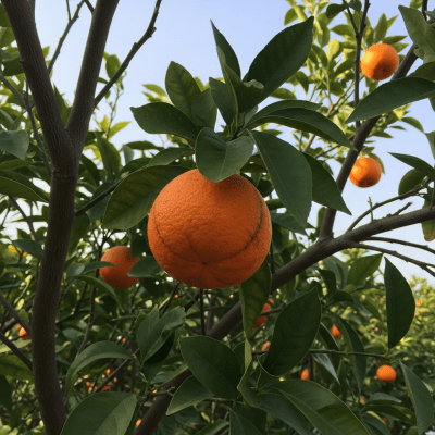 A naturalistic scene featuring a Seville Orange from the oranges taxonomy growing on a tree with leaves and branches visible