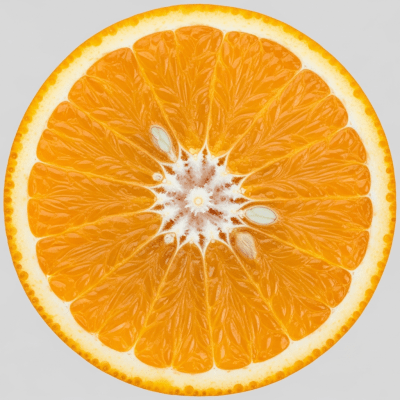 A detailed close-up cross-sectional image of a Shamouti Orange from the oranges taxonomy, sliced cleanly in half to reveal the interior segments, pulp, and rind structure
