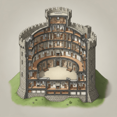 A detailed cross-sectional illustration of a Shell Keep Castle, from the castles taxonomy