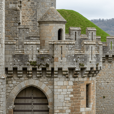 A close-up image focusing on unique architectural details of a Shell Keep Castle, from the castles taxonomy