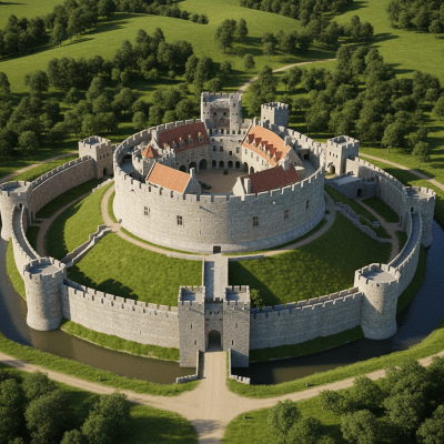 A bird's-eye view rendering of a Shell Keep Castle, classified in the castles taxonomy