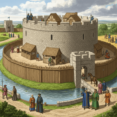 An image showing the Shell Keep Castle from the castles taxonomy being used or inhabited historically