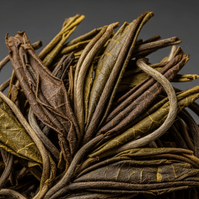 Macro photograph focusing on the texture and details of Sheng Pu-erh leaves, within the taxonomy teas