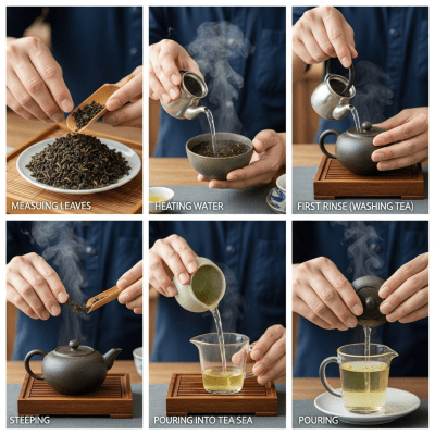 Step-by-step visual depiction showing the preparation process for Sheng Pu-erh, within the taxonomy teas