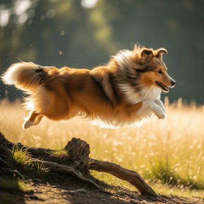 Full body action shot of a Shetland Sheepdog