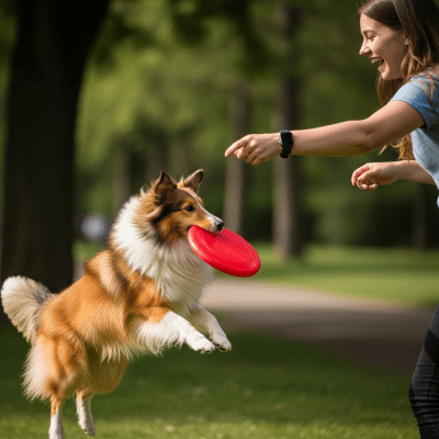 Image of a Shetland Sheepdog interacting with humans in a typical cultural or domestic setting