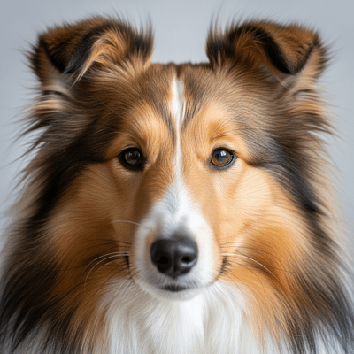 Close-up photograph of the face of a Shetland Sheepdog