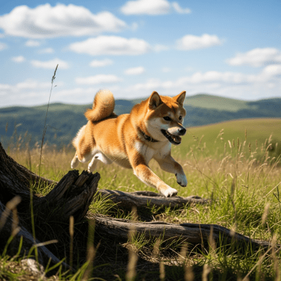 Full body action shot of a Shiba Inu