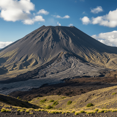 Natural landscape image showing the Shield volcano in its real-world environment, emphasizing its geological features and surrounding terrain