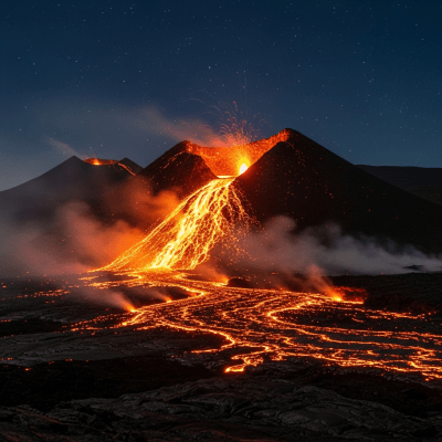 Nighttime image of the Shield volcano, highlighting glowing lava and illuminated volcanic features