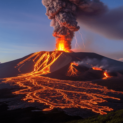 Image depicting the Shield volcano during an eruption event, capturing lava flow, ash plume, and dynamic movement