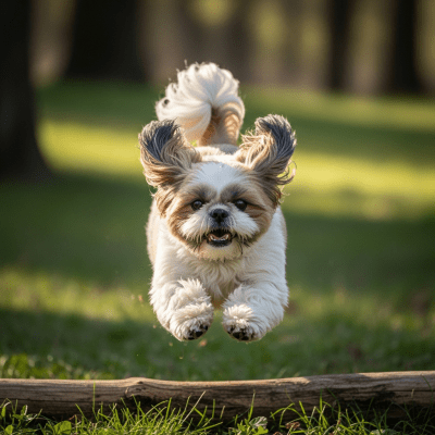 Full body action shot of a Shih Tzu
