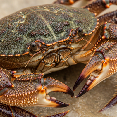 Close-up macro photograph of the shell texture and claws of a single Shore Crab