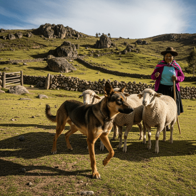 Image of a Short-eared Dog interacting with humans in a cultural or practical context