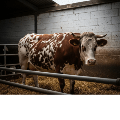 Documentary-style image of a Shorthorn in a barn or shelter environment, showing typical housing conditions for cows
