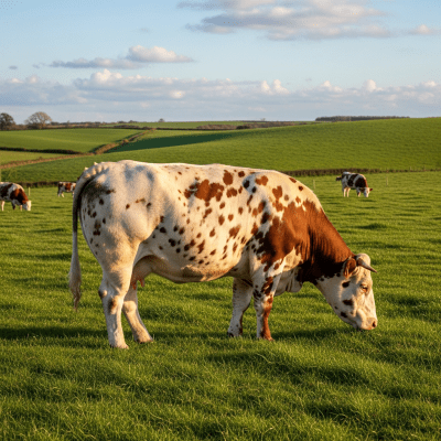 Naturalistic image of a Shorthorn in its typical environment, such as a grassy pasture or open field