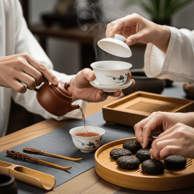 Image showing Shou Pu-erh prepared and served in its typical cultural context