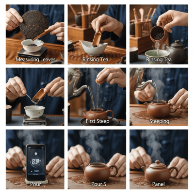 Step-by-step visual depiction showing the preparation process for Shou Pu-erh, within the taxonomy teas
