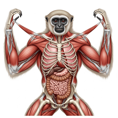 Detailed anatomical illustration of a Siamang, part of the taxonomy apes