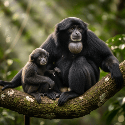 Photograph of a juvenile Siamang (apes) alongside an adult in their environment