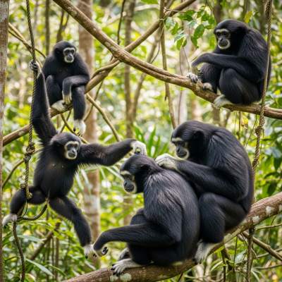 Image showing a group of Siamang (apes) engaging in typical social behavior