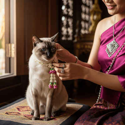 Image of a Siamese interacting with humans or participating in cultural activities