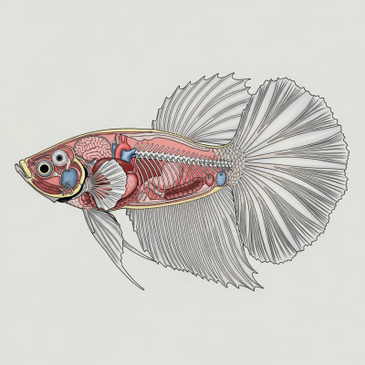 Detailed anatomical illustration of a Siamese Fighting Fish, part of the taxonomy fish