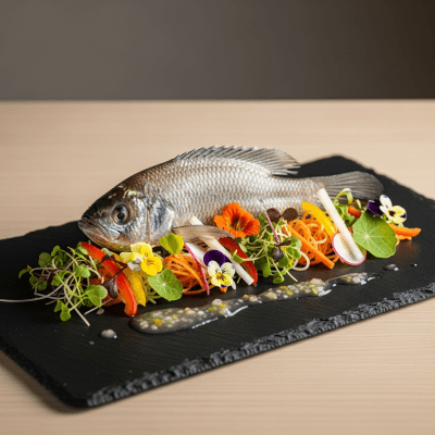 A culinary presentation featuring a prepared dish made with Siamese Fighting Fish, of the taxonomy fish