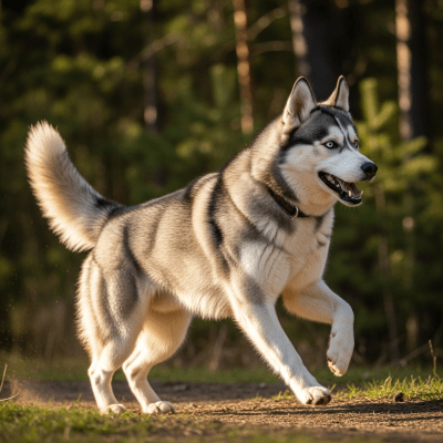 Full body action shot of a Siberian Husky