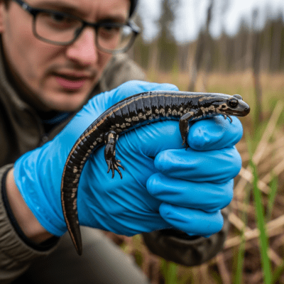 Photograph showing a Siberian Salamander in interaction with humans or within a cultural context, such as being observed by scientists or featured in educational settings