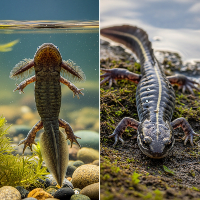 Image of a Siberian Salamander (amphibians) at the moment of transformation, such as metamorphosis from tadpole to adult