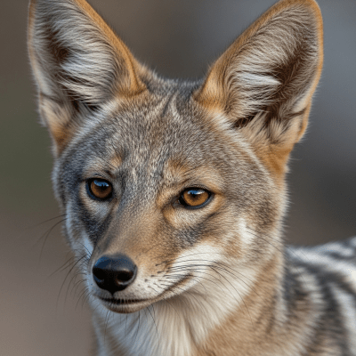 Close-up photograph of the face of a Side-striped Jackal