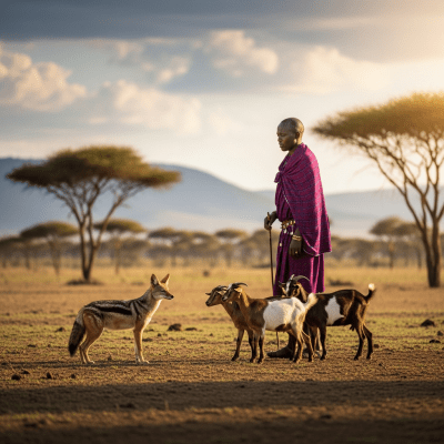 Image of a Side-striped Jackal interacting with humans in a cultural or practical context