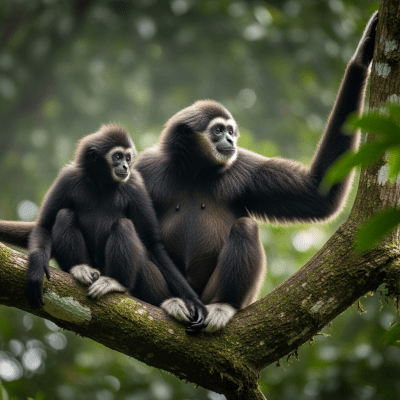Photograph of a juvenile Siki's crested gibbon (apes) alongside an adult in their environment