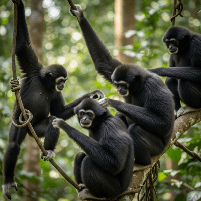 Image showing a group of Siki's crested gibbon (apes) engaging in typical social behavior