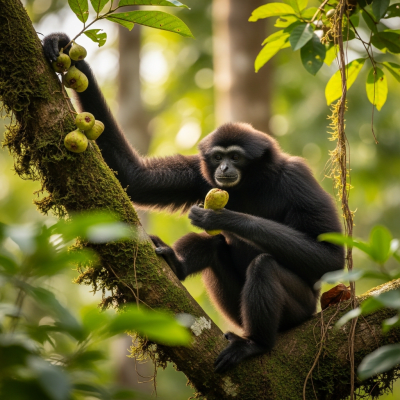 Photograph of a Siki's crested gibbon (apes) in its natural habitat