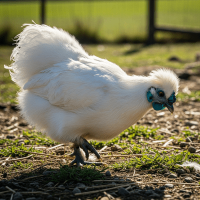 Naturalistic image of a Silkie belonging to the chicken taxonomy in its typical outdoor environment
