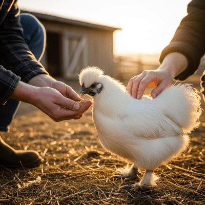 Photograph of a Silkie from the chicken taxonomy interacting with humans in a typical farm setting