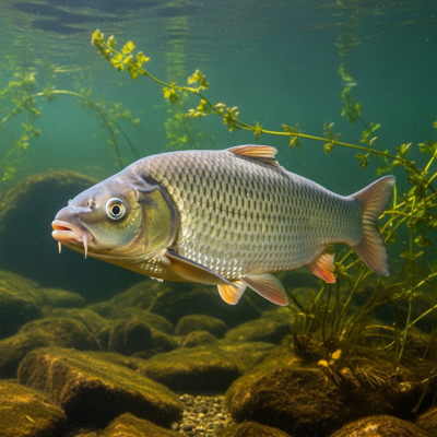 Underwater scene featuring a single Silver Carp