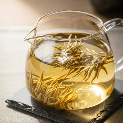 Editorial-style image of a brewed Silver Needle tea, part of the taxonomy teas