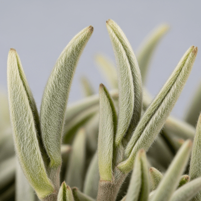 Macro photograph focusing on the texture and details of Silver Needle leaves, within the taxonomy teas
