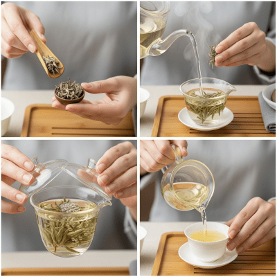 Step-by-step visual depiction showing the preparation process for Silver Needle, within the taxonomy teas