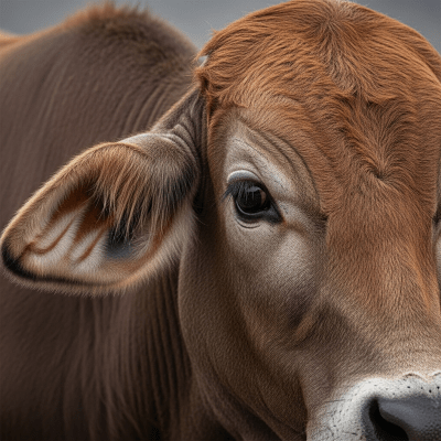 Close-up photograph of the head and face of a Simbrah, focusing on distinctive features such as eyes, ears, and fur texture
