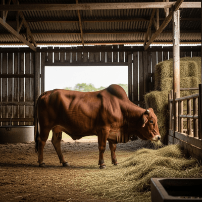 Documentary-style image of a Simbrah in a barn or shelter environment, showing typical housing conditions for cows